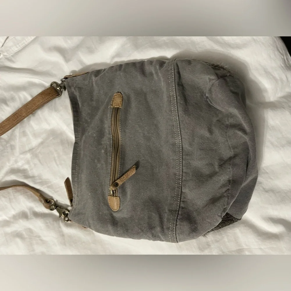 Gray Canvas and Leather Crossbody Bag with Tan Trim